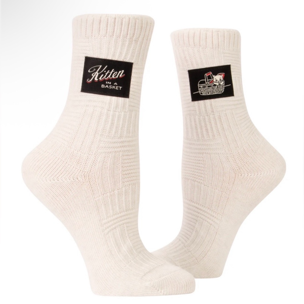Kitten in a Basket. Cream Crew Socks - S/M Women 5-9 Men’s 4-8. 4 Pairs.